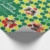 星模様グリーンクリスマスファミリーの写真カスタム ラッピングペーパー (角)