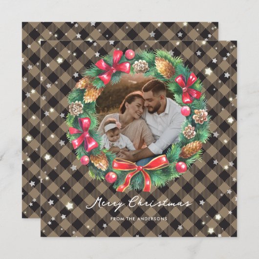 星水色クリスマスリース格子写真 シーズンカード (正面/裏面)