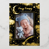 星空かわいい写真生まれたばかりの誕生 箔招待状 (正面)