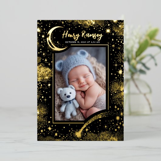 星空かわいい写真生まれたばかりの誕生 箔招待状 (立ち正面)