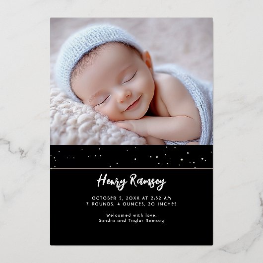 星空かわいい写真生まれたばかりの誕生 箔招待状 (裏面)
