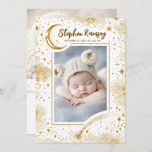 星空かわいい白い写真生まれたばかりの誕生 案内状 (正面/裏面)