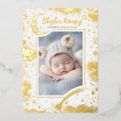 星空かわいい白い写真生まれたばかりの誕生 箔招待状 (正面)