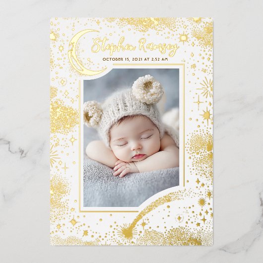 星空かわいい白い写真生まれたばかりの誕生 箔招待状 (正面)