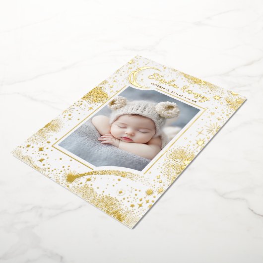 星空かわいい白い写真生まれたばかりの誕生 箔招待状 (回転した状態)