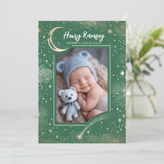 星空かわいい緑の写真生まれたばかりの誕生 案内状 (スタンド正面)