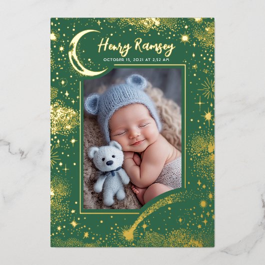 星空かわいい緑の写真生まれたばかりの誕生 箔招待状 (正面)