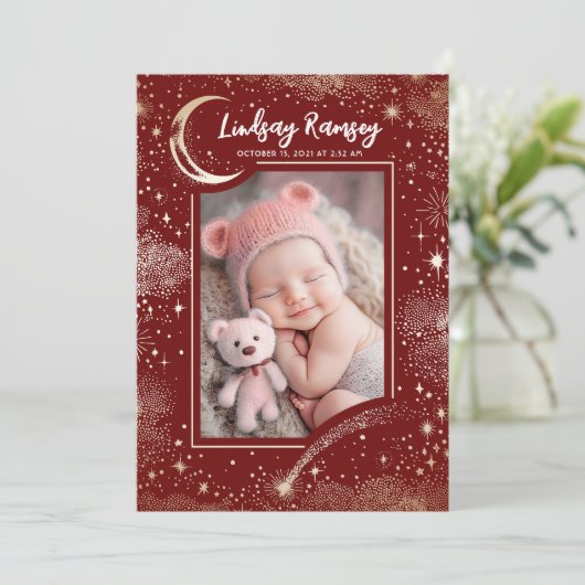 星空かわいい赤い写真生まれたばかりの誕生 案内状 (スタンド正面)