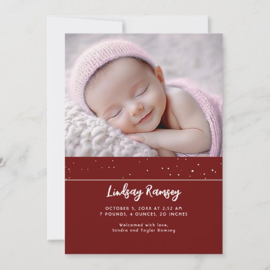 星空かわいい赤い写真生まれたばかりの誕生 案内状 (裏面)