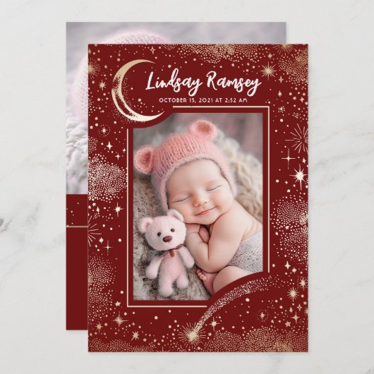 星空かわいい赤い写真生まれたばかりの誕生 案内状 (正面/裏面)