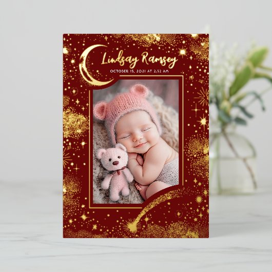 星空かわいい赤い写真生まれたばかりの誕生 箔招待状 (立ち正面)