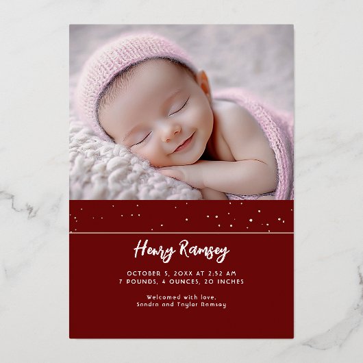 星空かわいい赤い写真生まれたばかりの誕生 箔招待状 (裏面)