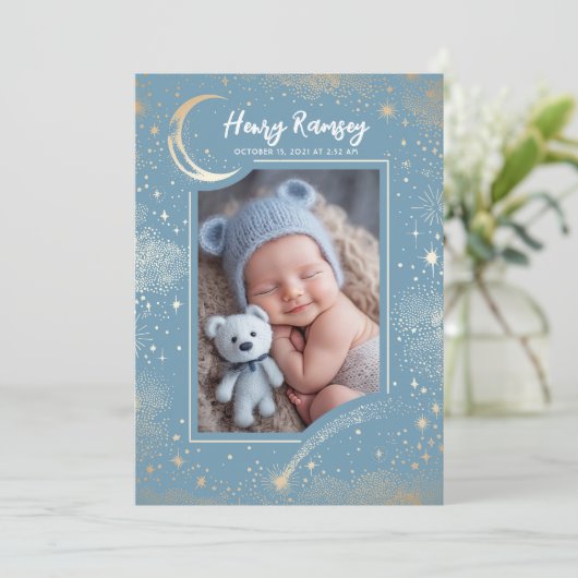 星空かわいい青い写真生まれたばかりの誕生 案内状 (スタンド正面)