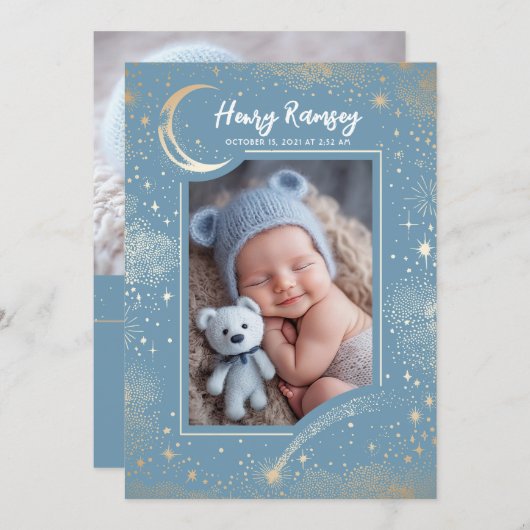 星空かわいい青い写真生まれたばかりの誕生 案内状 (正面/裏面)