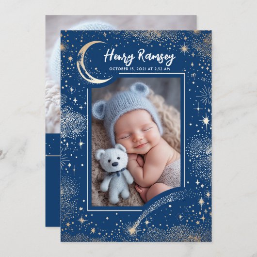 星空かわいい青い写真生まれたばかりの誕生 案内状 (正面/裏面)