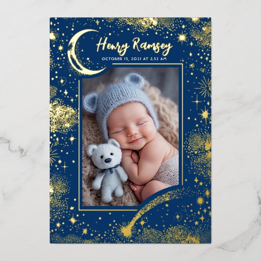 星空かわいい青い写真生まれたばかりの誕生 箔招待状 (正面)