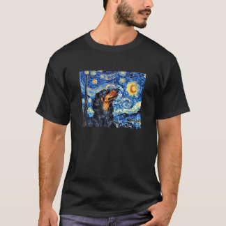 星空が可愛い黒い長い毛のミニチュアダックスフンド好き Tシャツ