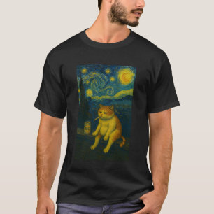 星空でタバコを吸う悲しいビール猫のネコのミーム Tシャツ
