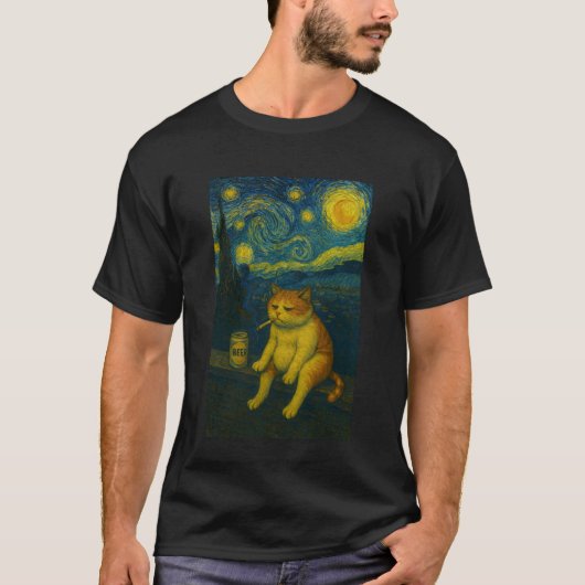 星空でタバコを吸う悲しいビール猫のネコのミーム Tシャツ (正面)