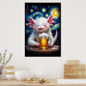 星空とビールを楽しむかわいいモンスター ポスター (キッチン)