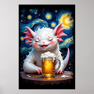 星空とビールを楽しむかわいいモンスター ポスター