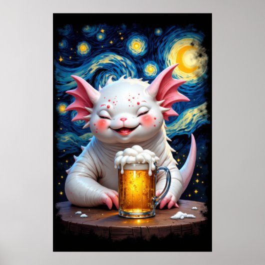 星空とビールを楽しむかわいいモンスター ポスター (正面)