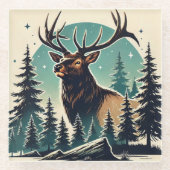 星空と様式化された森のエルク ガラスコースター (正面)