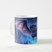 星空と雲の下を飛ぶかわいいコウモリ コーヒーマグカップ (正面左)