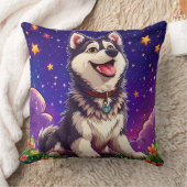 星空に輝く元気なハスキー犬 クッション (ブランケット)