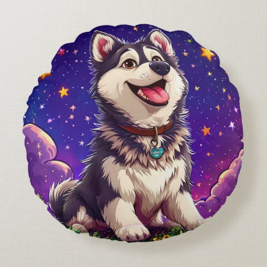 星空に輝く元気なハスキー犬 ラウンドクッション (正面)