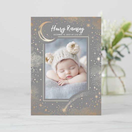 星空のかわいいグレー生まれたばかりの写真誕生 案内状 (スタンド正面)