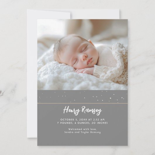 星空のかわいいグレー生まれたばかりの写真誕生 案内状 (裏面)