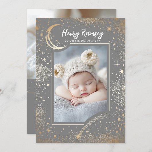 星空のかわいいグレー生まれたばかりの写真誕生 案内状 (正面/裏面)
