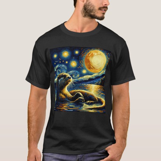 星空のカワウソ ゴッホ好き Tシャツ (正面)