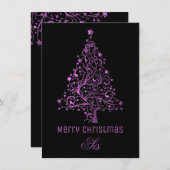 星空のクリスマスツリーブラックピンクメタリックルック シーズンカード (正面/裏面)
