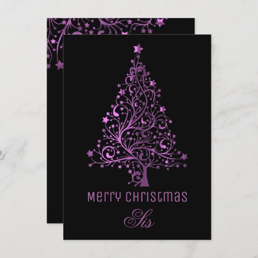 星空のクリスマスツリーブラックピンクメタリックルック シーズンカード (正面/裏面)