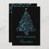 星空のクリスマスツリーブラックブルーメタリックルック シーズンカード (正面/裏面)