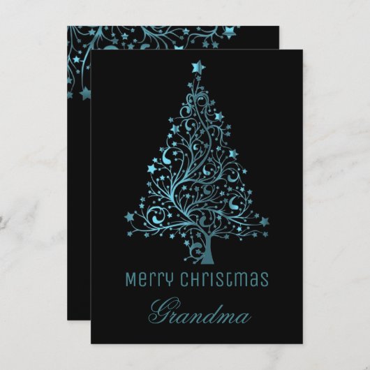 星空のクリスマスツリーブラックブルーメタリックルック シーズンカード (正面/裏面)