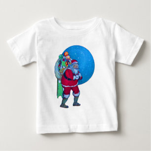 星空のサンタ、クリスマスプレゼントの袋やおもちゃを ベビーTシャツ