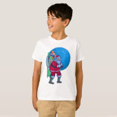 星空のサンタ、クリスマスプレゼントの袋やおもちゃを Tシャツ (正面フル)