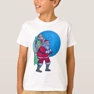星空のサンタ、クリスマスプレゼントの袋やおもちゃを Tシャツ