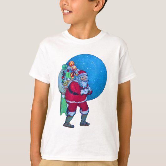 星空のサンタ、クリスマスプレゼントの袋やおもちゃを Tシャツ (正面)