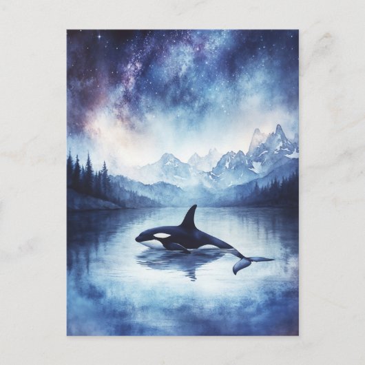 星空のシャチのクジラの山の湖 ポストカード (正面)