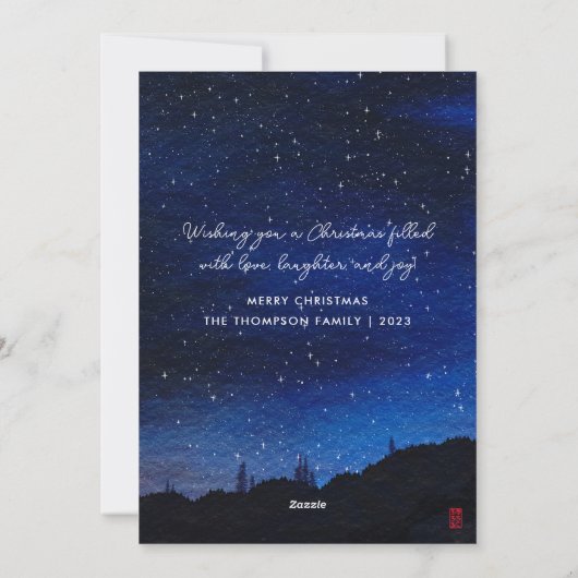 星空のナイトサンタクロース飛んでいるトナカイ シーズンカード (裏面)