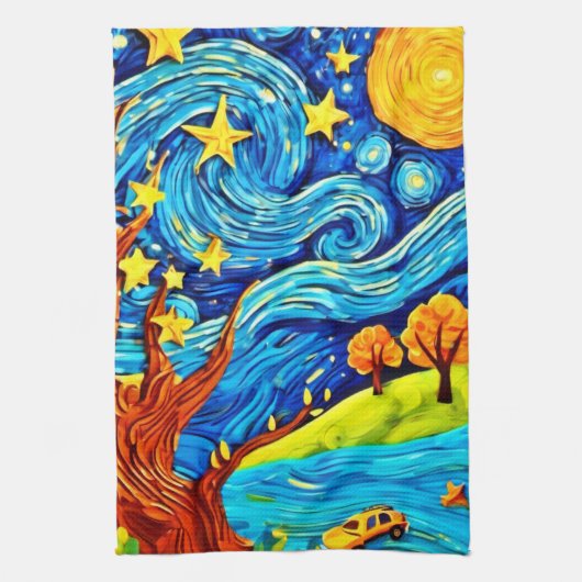 星空のナイトマンガ：シュールレアリスアインスパイアート キッチンタオル (縦)
