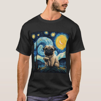 星空のパグ ゴッホ風犬の絵 Tシャツ