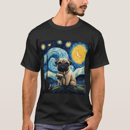星空のパグ ゴッホ風犬の絵 Tシャツ (正面)