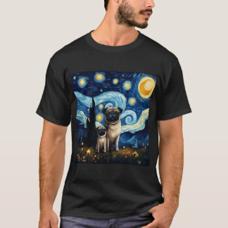 星空のパグ ゴッホ風犬の絵 Tシャツ