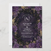 星空のプラムとゴールドのゴシックウェディング 招待状 (正面)