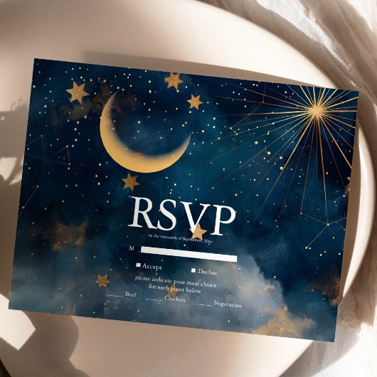 星空のミッドナイトブルーの星と月の結婚式 出欠カード